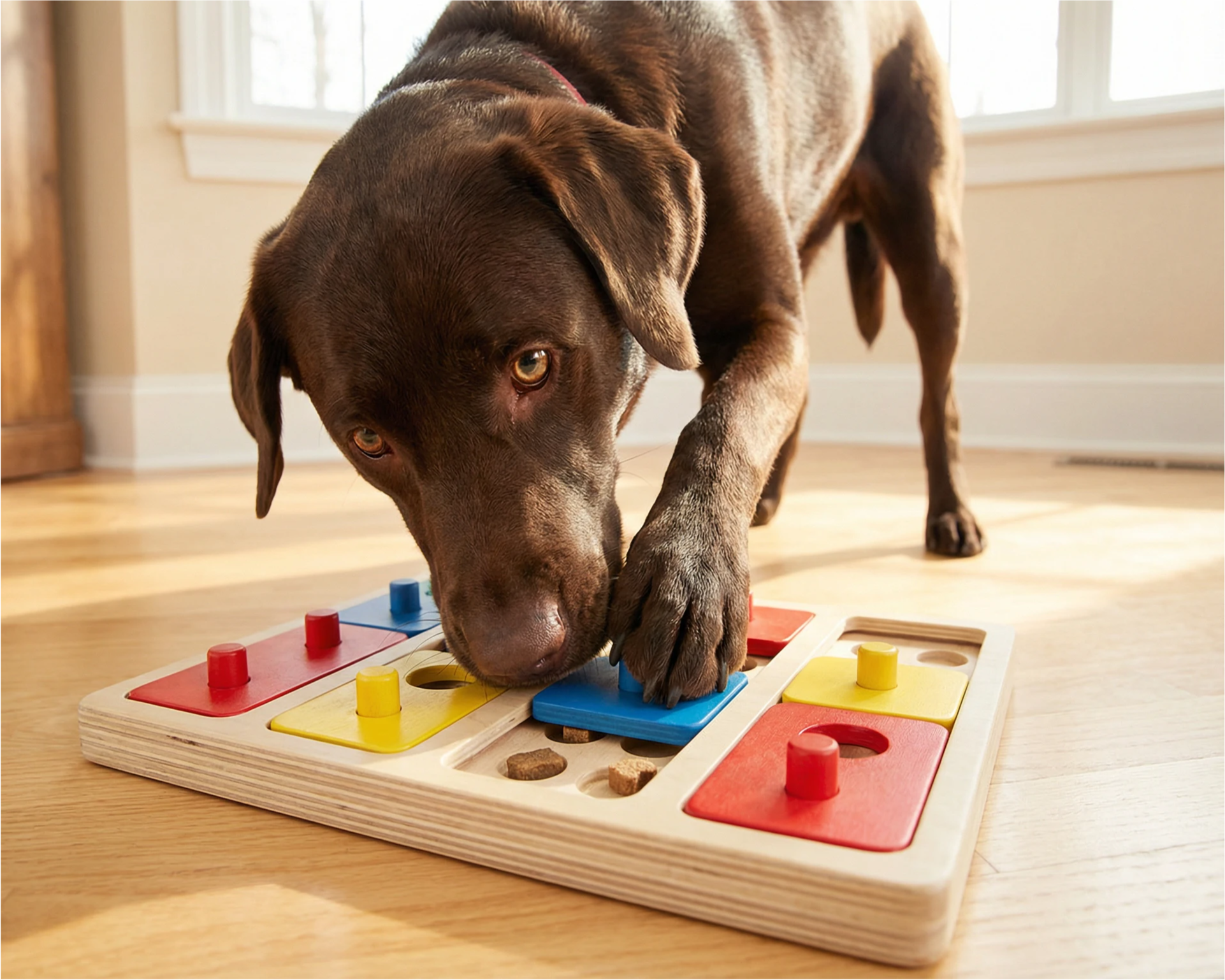 Dog playing puzzle toy brain game on hardwood floor