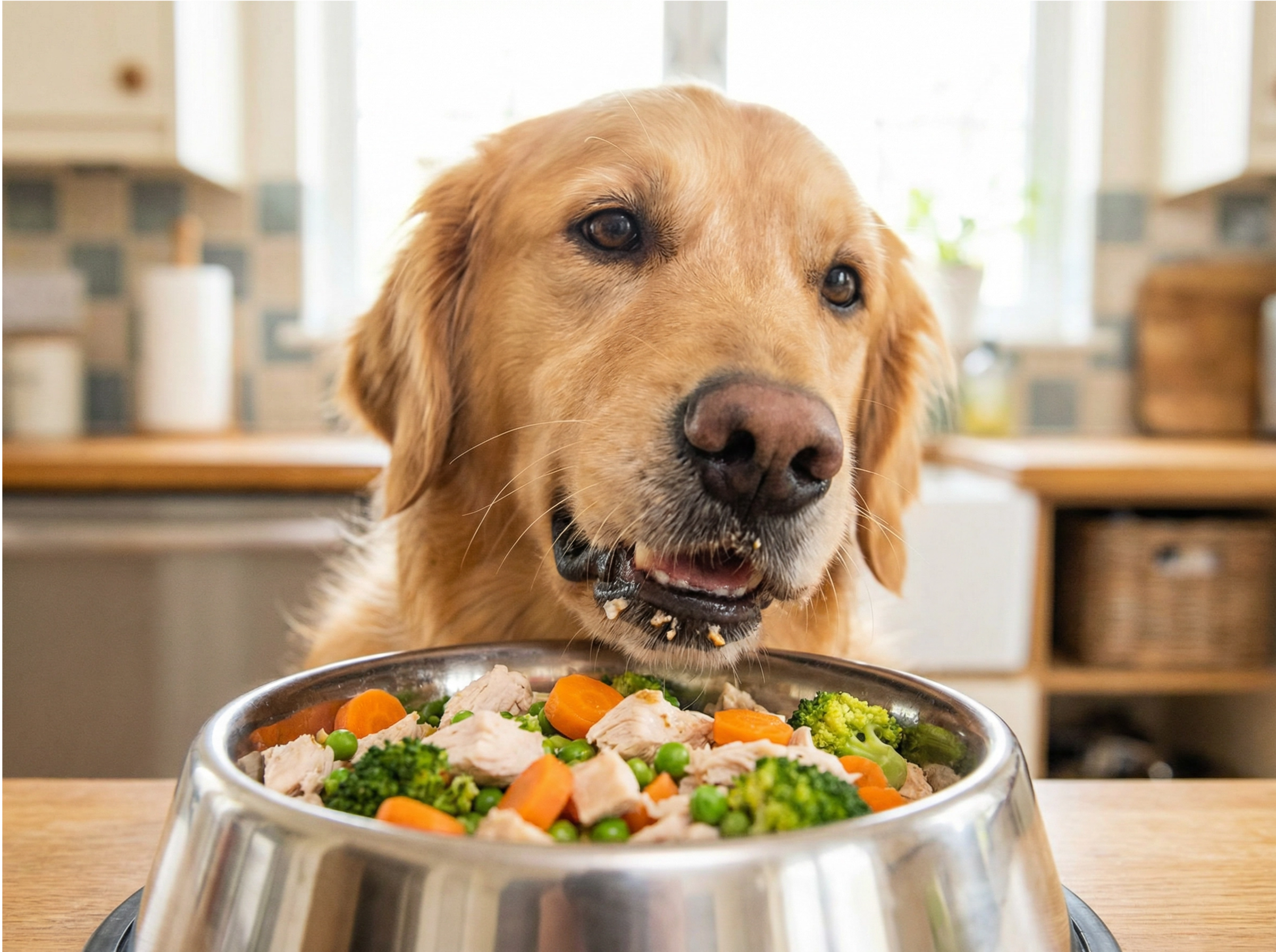 Happy dog eating fresh food from a bowl with vegetables