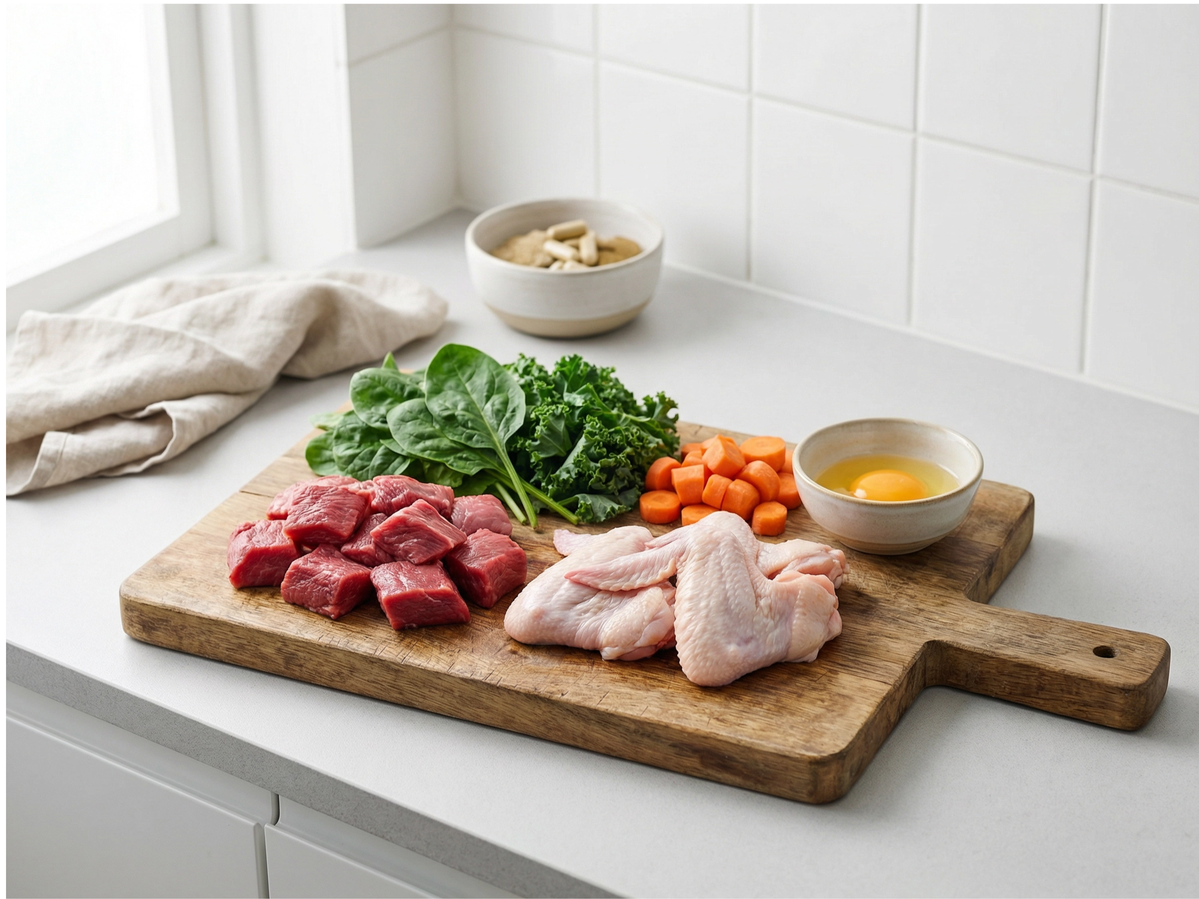 Raw dog food ingredients on cutting board for BARF diet