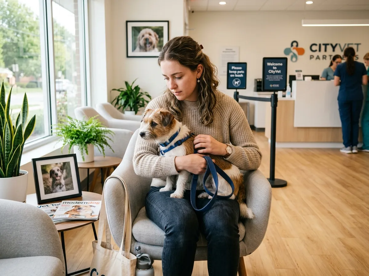 dog owner at vet clinic considering pet insurance