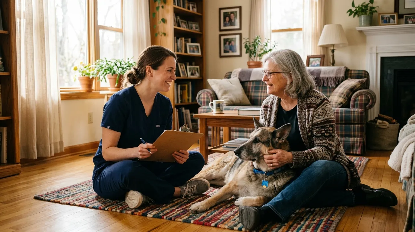 vet discussing dog end-of-life care plan with owner at home