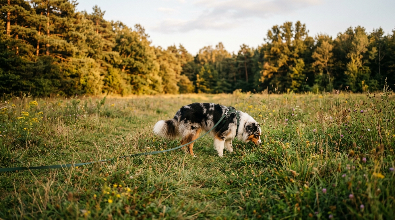Australian Shepherd on sniff walk in grassy field