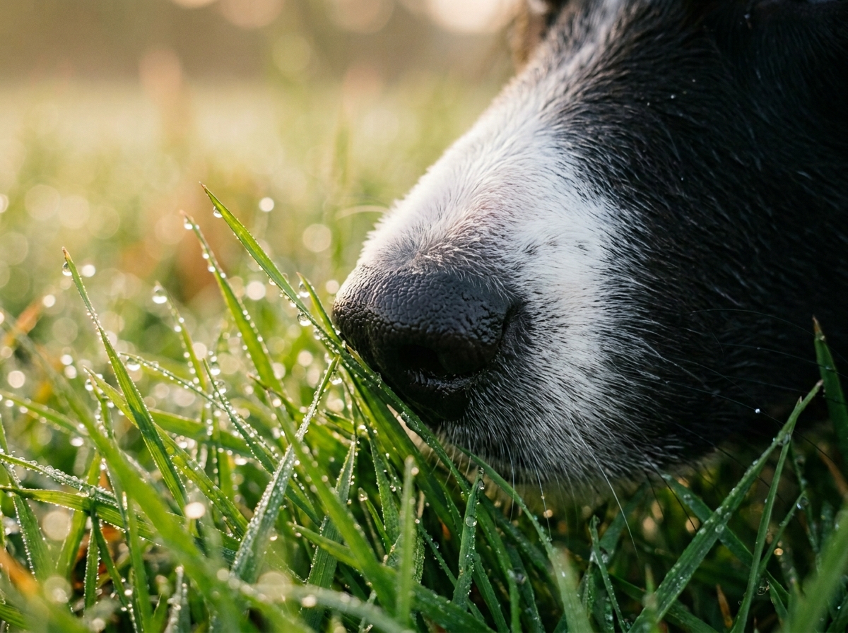 Border Collie nose sniffing grass on decompression walk