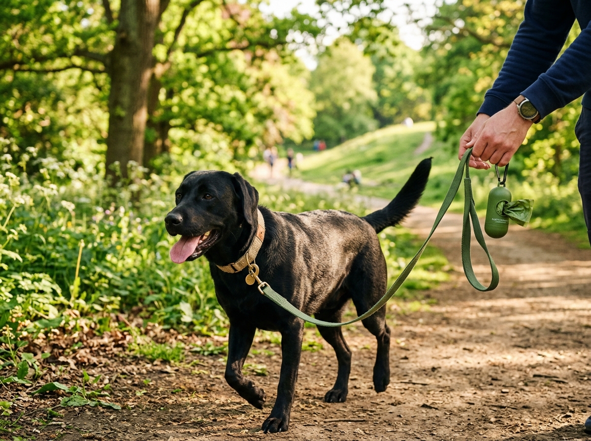 black Labrador with hemp collar and eco-friendly leash in park