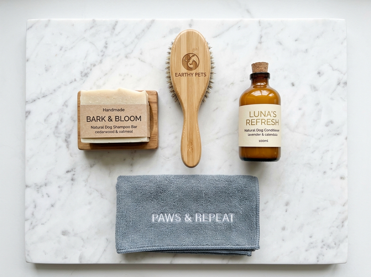 eco-friendly natural dog grooming products flat lay