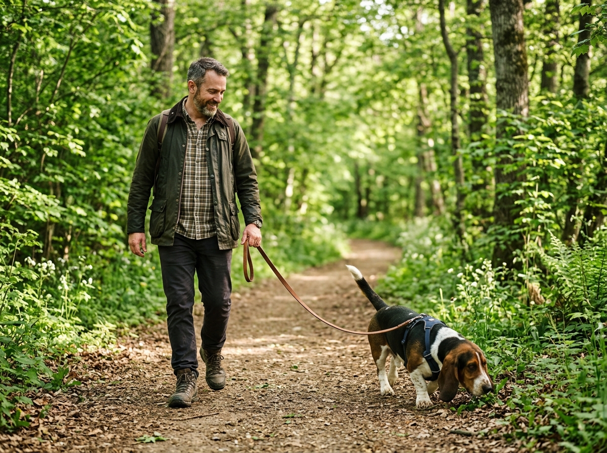 man doing decompression walk with Basset Hound in park