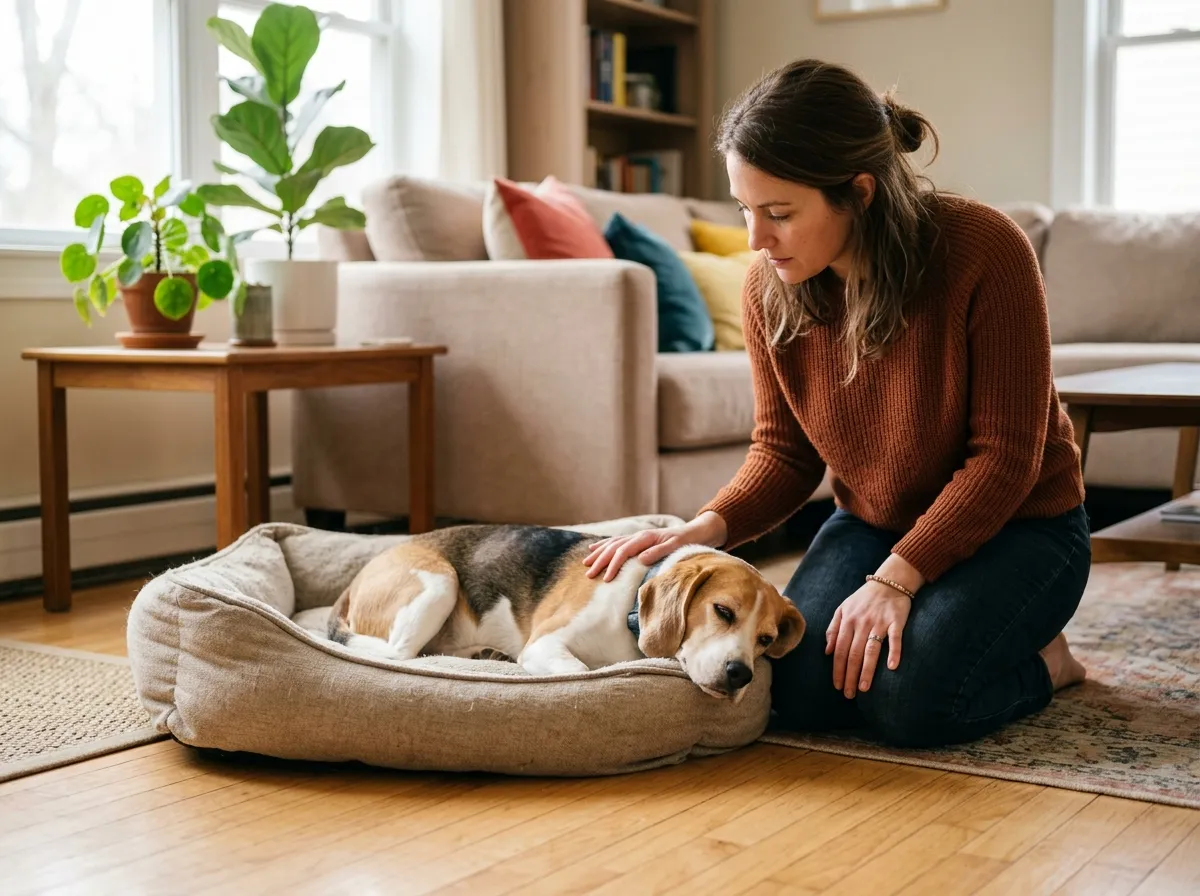 owner comforting sick Beagle with diarrhea at home