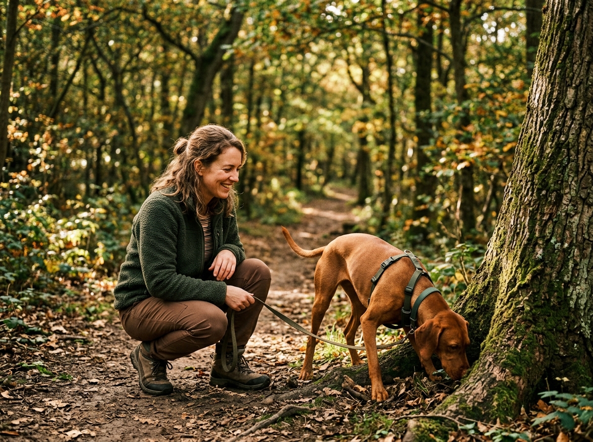 woman watching Vizsla sniff tree on forest trail