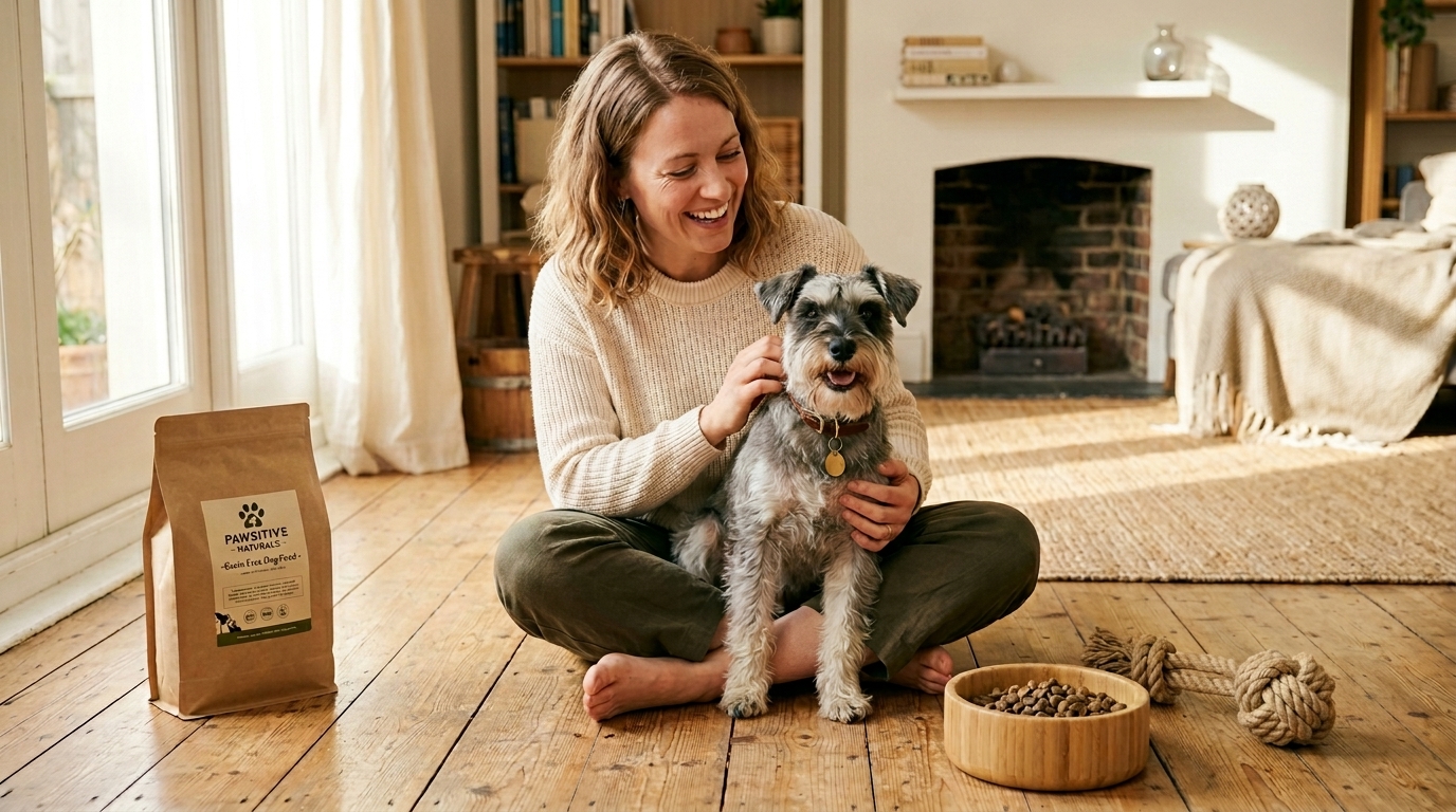 woman with Miniature Schnauzer surrounded by eco-friendly dog products