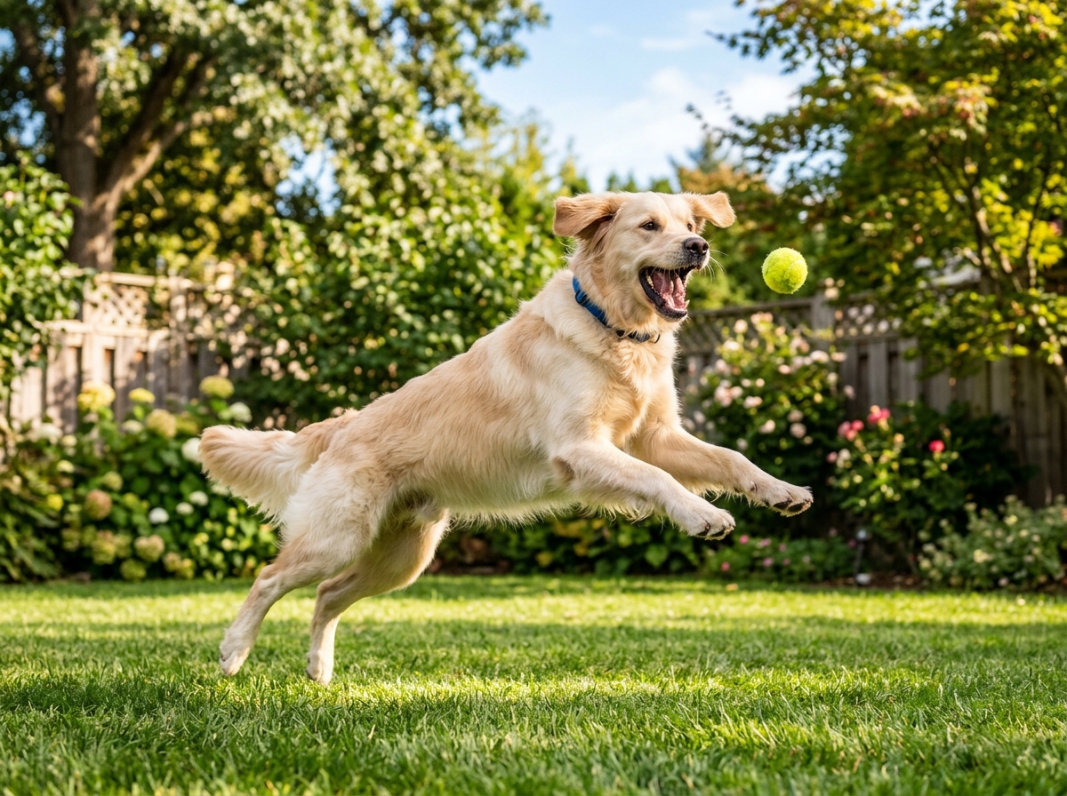 Golden Retriever playing fetch in sunny backyard
