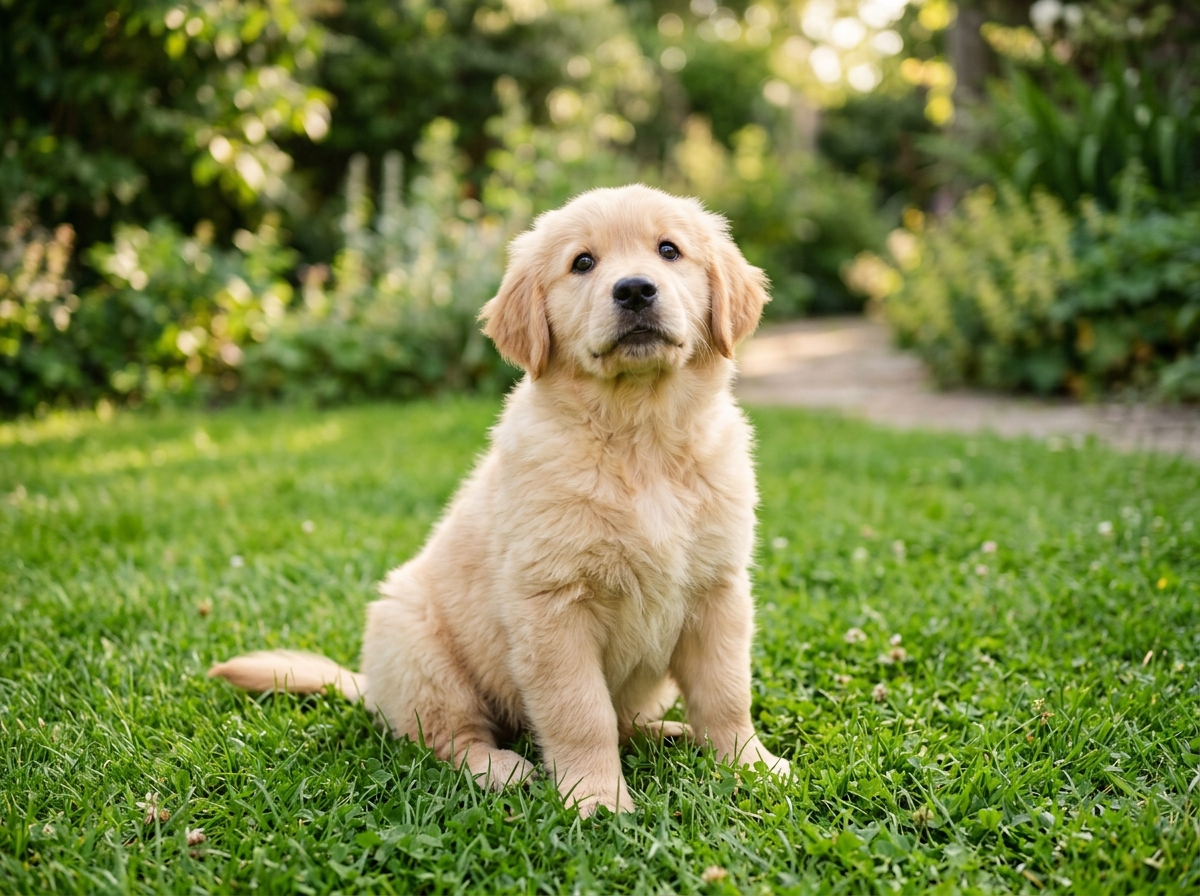 Golden Retriever puppy sitting on garden lawn