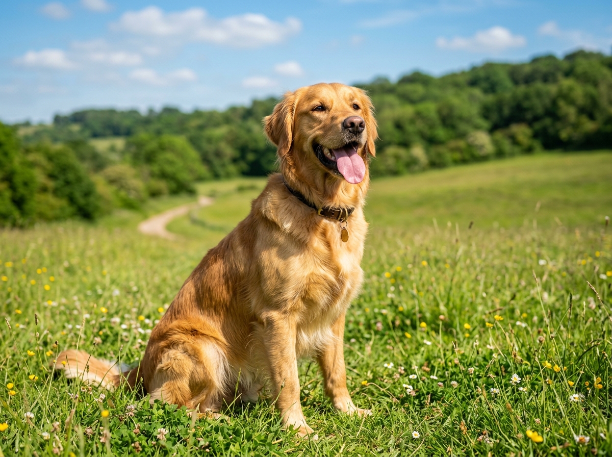 Golden Retriever sitting in green field on sunny day