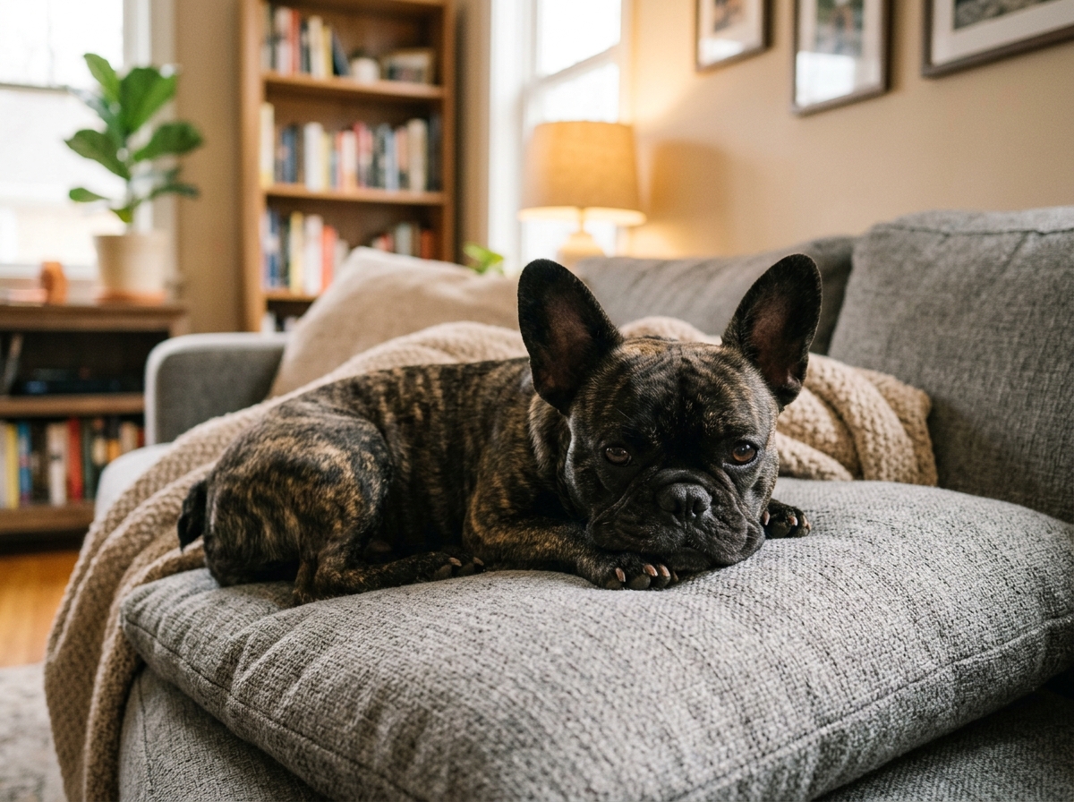 brindle French Bulldog relaxing on couch indoors