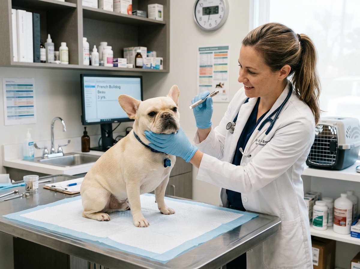 cream French Bulldog at vet health check