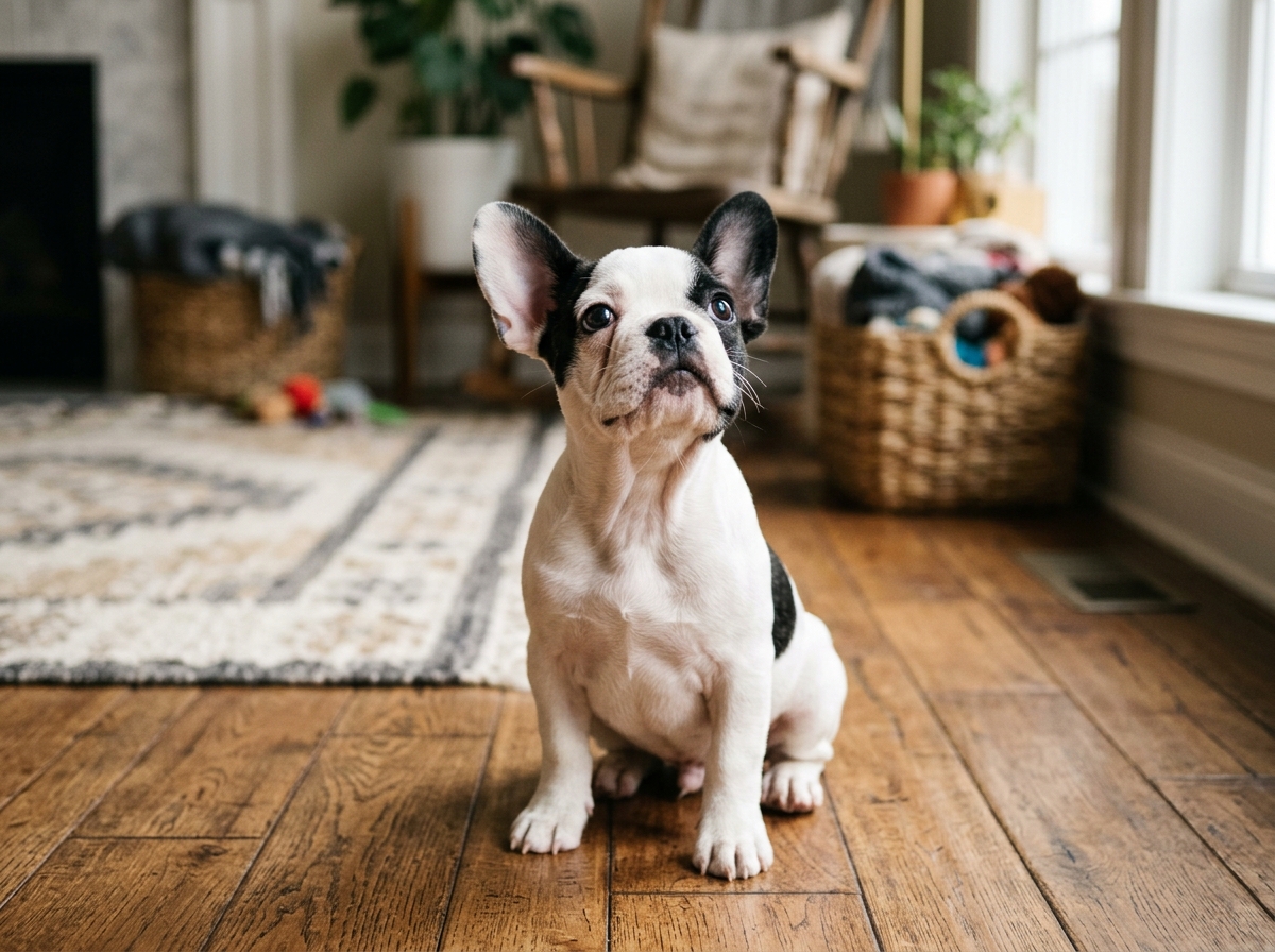 pied French Bulldog puppy looking up curiously