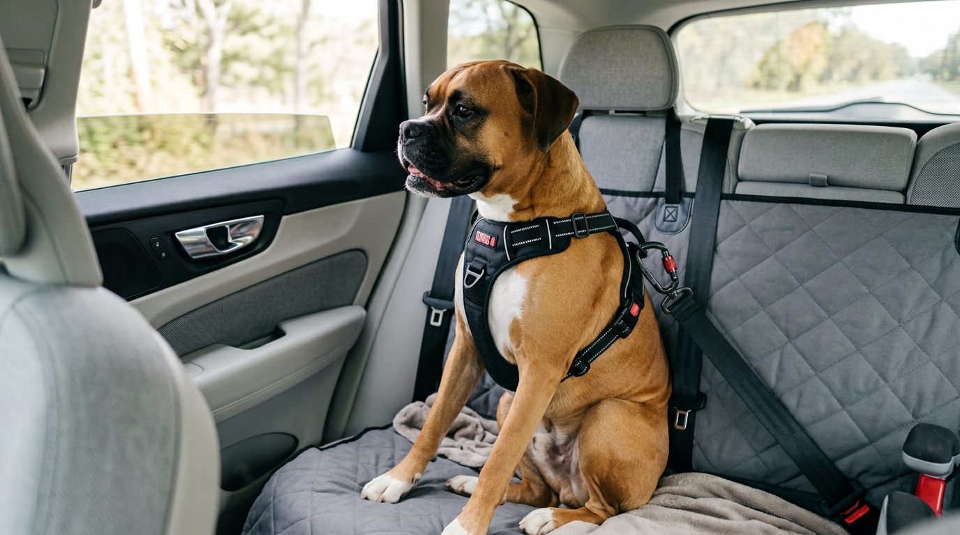 Boxer dog secured in crash-tested car harness