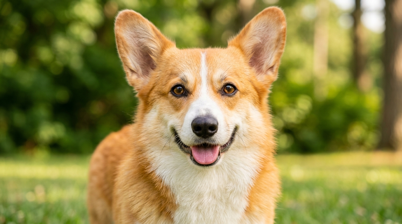 Corgi with relaxed body language looking at camera