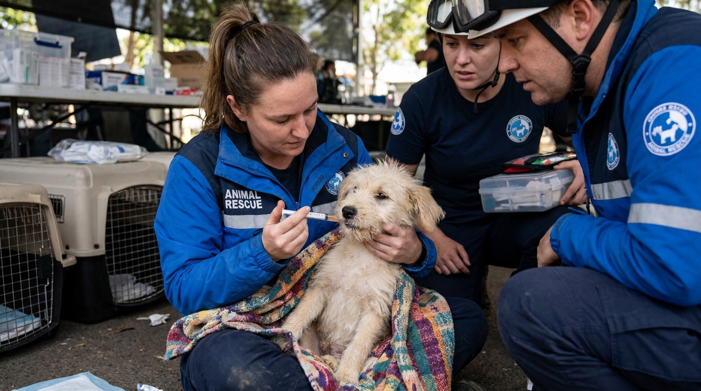 Giselle the rescue puppy being cared for after rescue