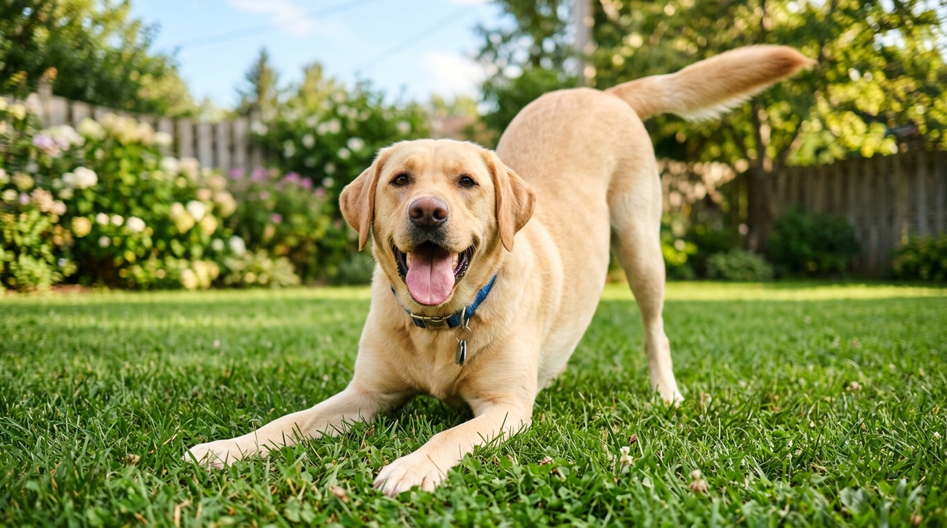 Labrador in play bow position on grass