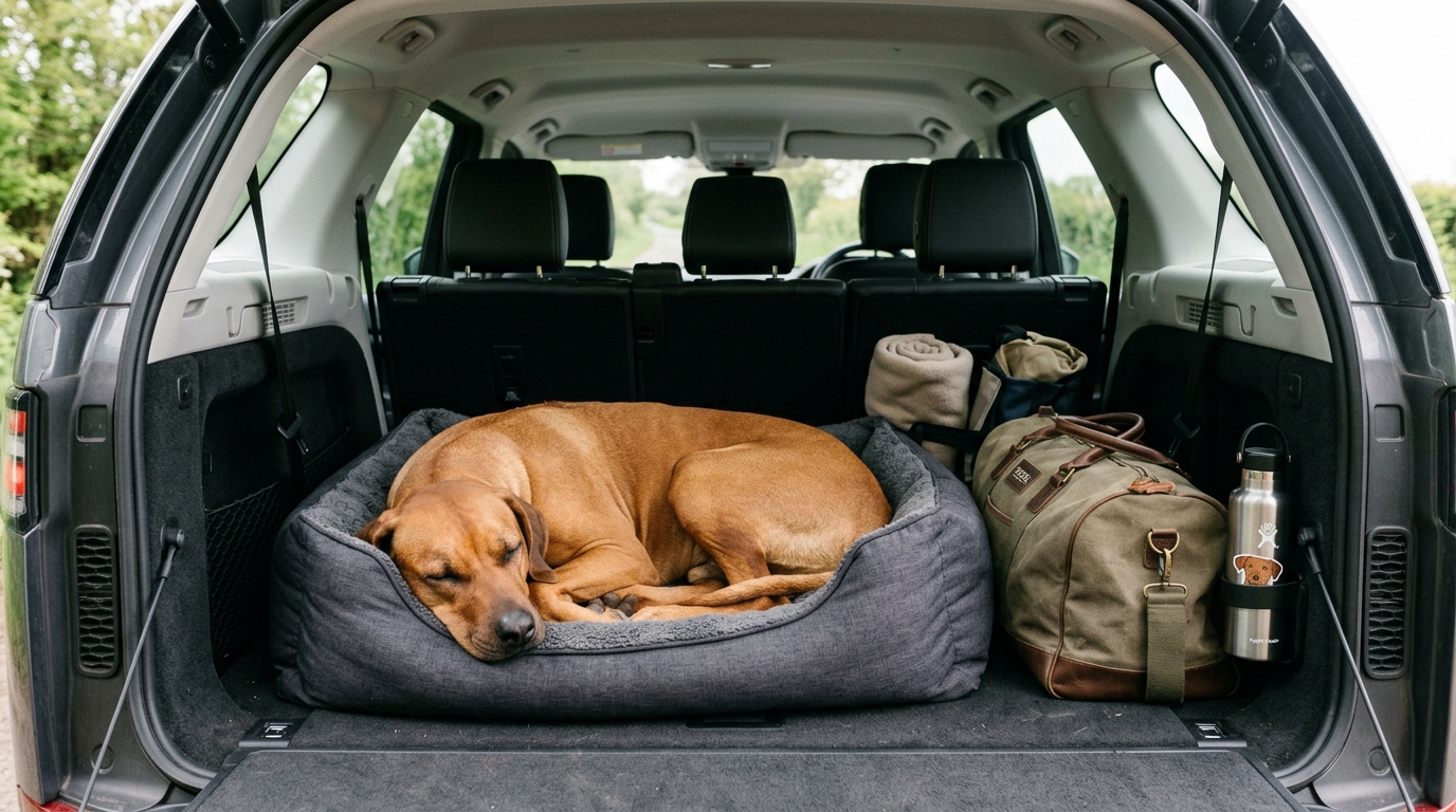 Rhodesian Ridgeback sleeping in car boot on road trip