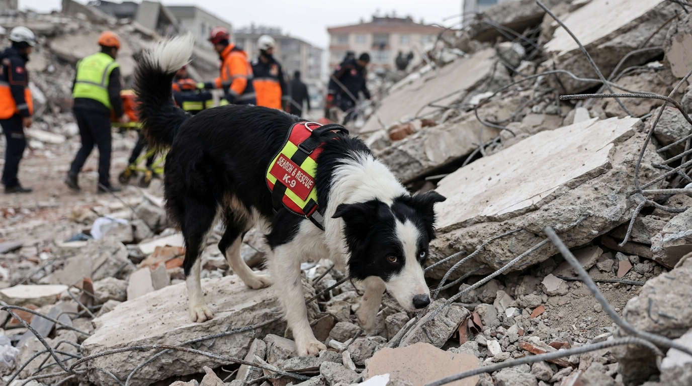 Tsunami the rescue dog searching through earthquake rubble