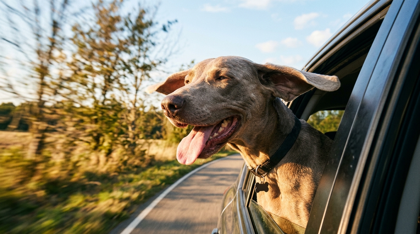Weimaraner with head out car window on road trip
