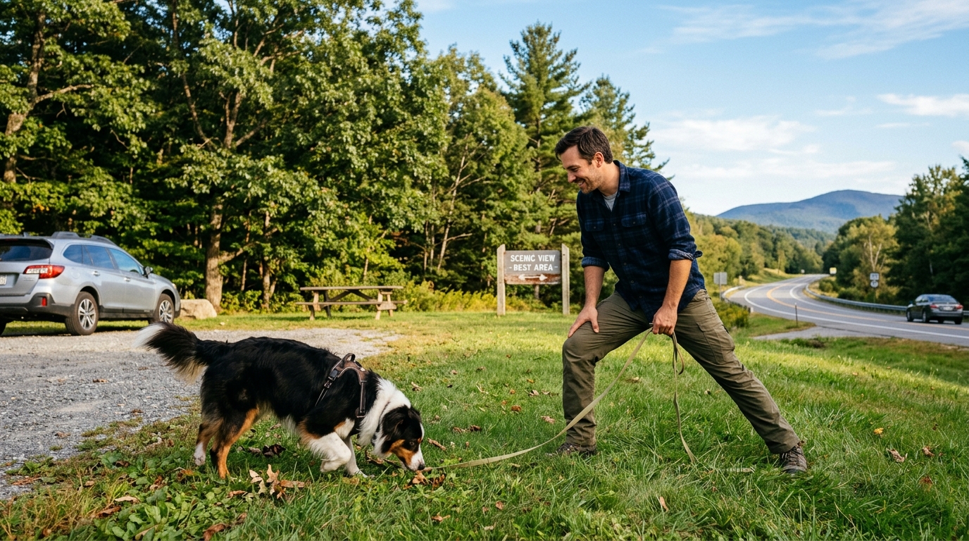 man and Australian Shepherd at road trip rest stop