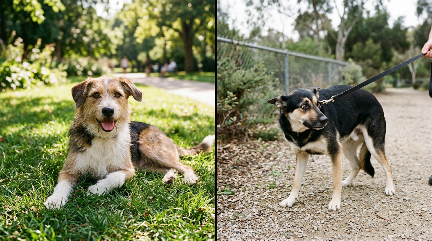 relaxed dog versus stressed dog body language comparison