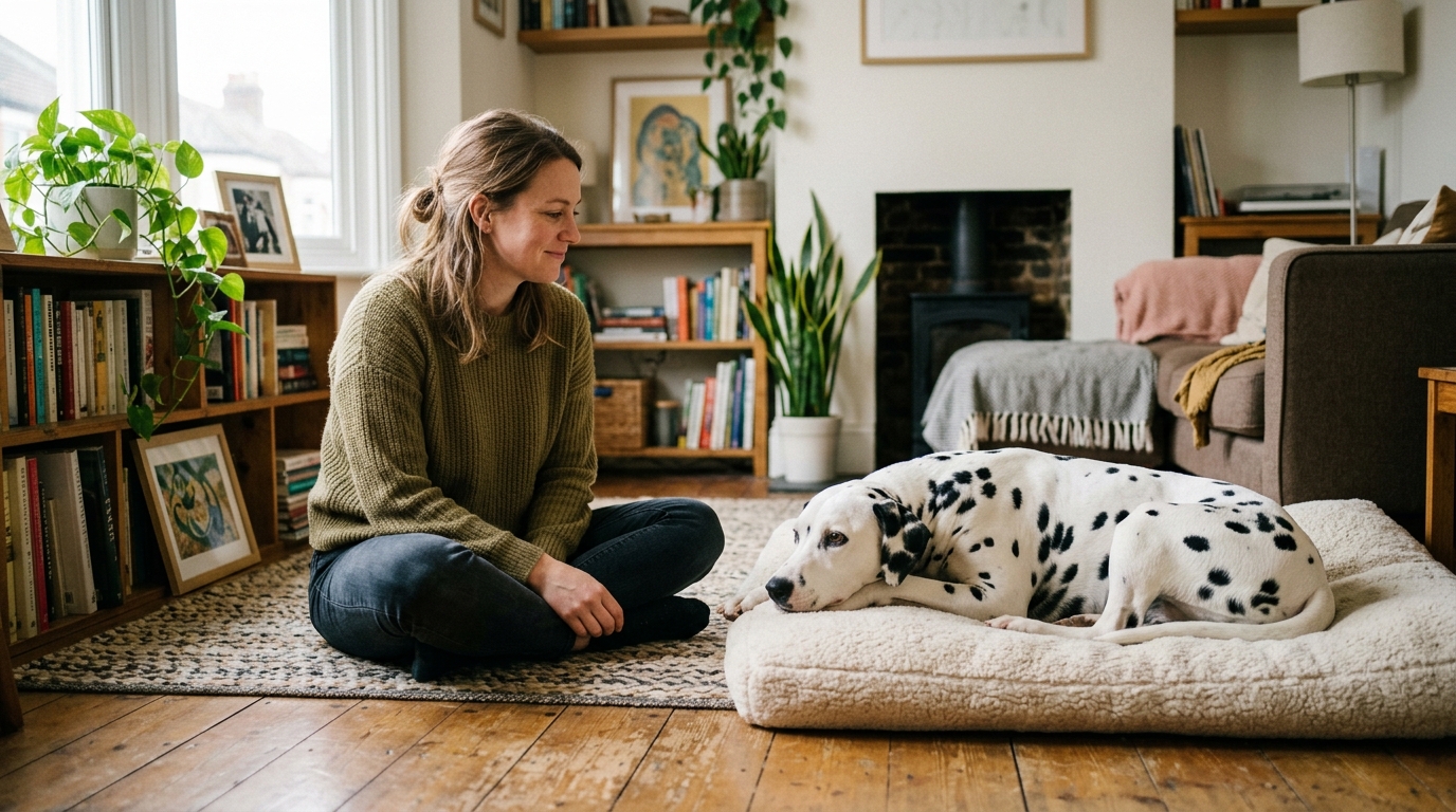 woman observing Dalmatian body language at home