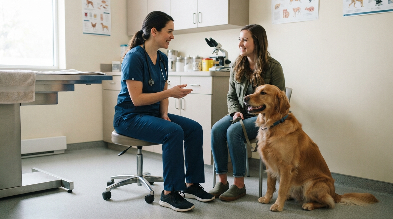 Veterinarian discussing dog health