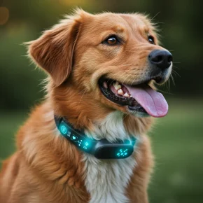 A dog wearing a blue LED collar, showcasing smart dog collars and wearable tech for 2025.
