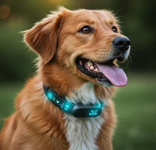 A dog wearing a blue LED collar, showcasing smart dog collars and wearable tech for 2025.