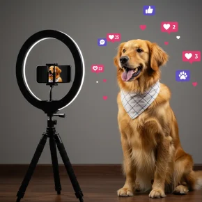 A golden retriever sits in front of a camera on a tripod, showcasing the rise of pet influencers on social media.