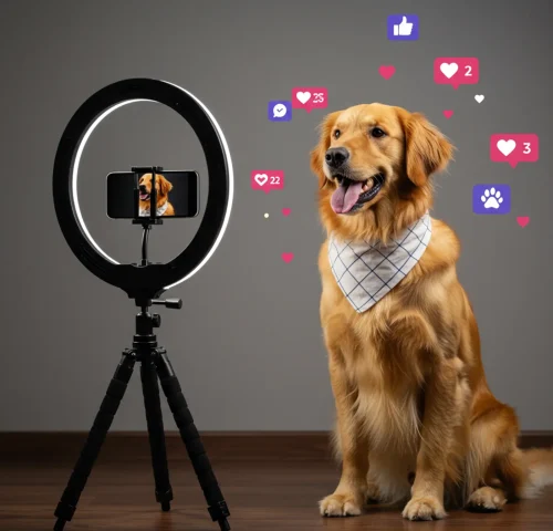 A golden retriever sits in front of a camera on a tripod, showcasing the rise of pet influencers on social media.