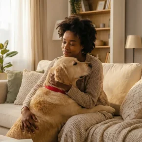 A woman with a golden retriever emotional support dog at home
