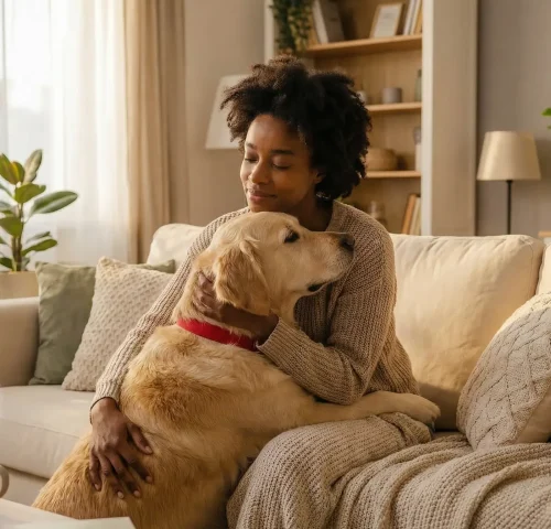A woman with a golden retriever emotional support dog at home