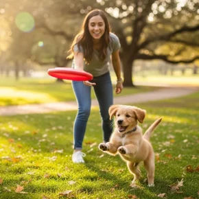 A woman joyfully plays with her dog in a park, showcasing creative ways to keep pets happy and engaged.