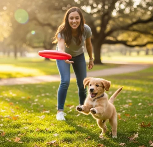 A woman joyfully plays with her dog in a park, showcasing creative ways to keep pets happy and engaged.