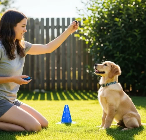 A woman plays with a dog in a yard, illustrating the joy of pet training and bonding.