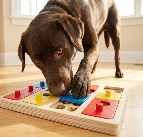 Dog playing puzzle toy brain game on hardwood floor