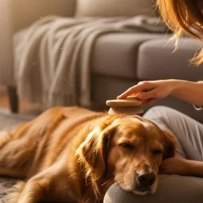 A woman gently brushes her dog's fur, demonstrating essential grooming tips for pet care.