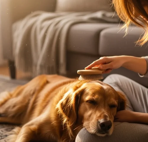 A woman gently brushes her dog's fur, demonstrating essential grooming tips for pet care.