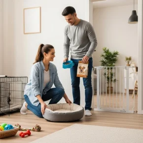 A man and woman clean a dog's cage, emphasizing the importance of a tidy environment for a happy pup.