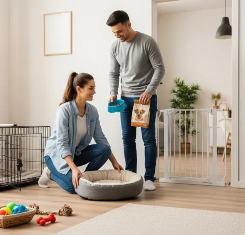 A man and woman clean a dog's cage, emphasizing the importance of a tidy environment for a happy pup.
