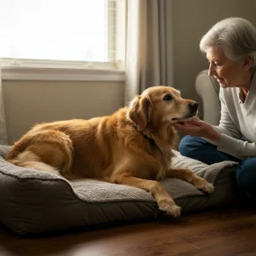An older woman gently pets a dog on a bed, illustrating companionship in 'A Complete Guide to Golden Years Wellness.'