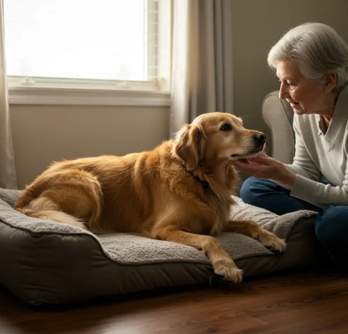 An older woman gently pets a dog on a bed, illustrating companionship in 'A Complete Guide to Golden Years Wellness.'
