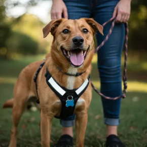 A dog in a harness stands on grass, illustrating essential tips for keeping your pup protected outdoors.