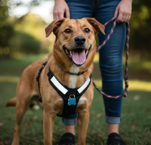 A dog in a harness stands on grass, illustrating essential tips for keeping your pup protected outdoors.