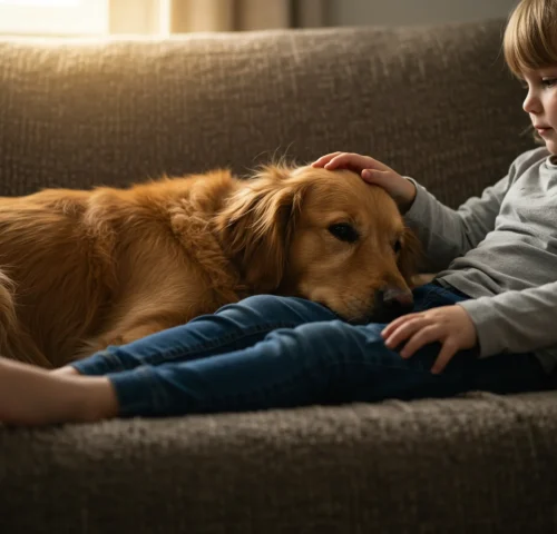 A young girl sits on a couch, lovingly cuddling a dog, embodying the bond of friendship in heartwarming stories.