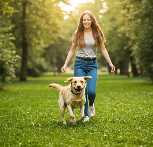 A woman walks her dog in a park, illustrating a scene from 'A Complete Guide for Every Pet Parent.'